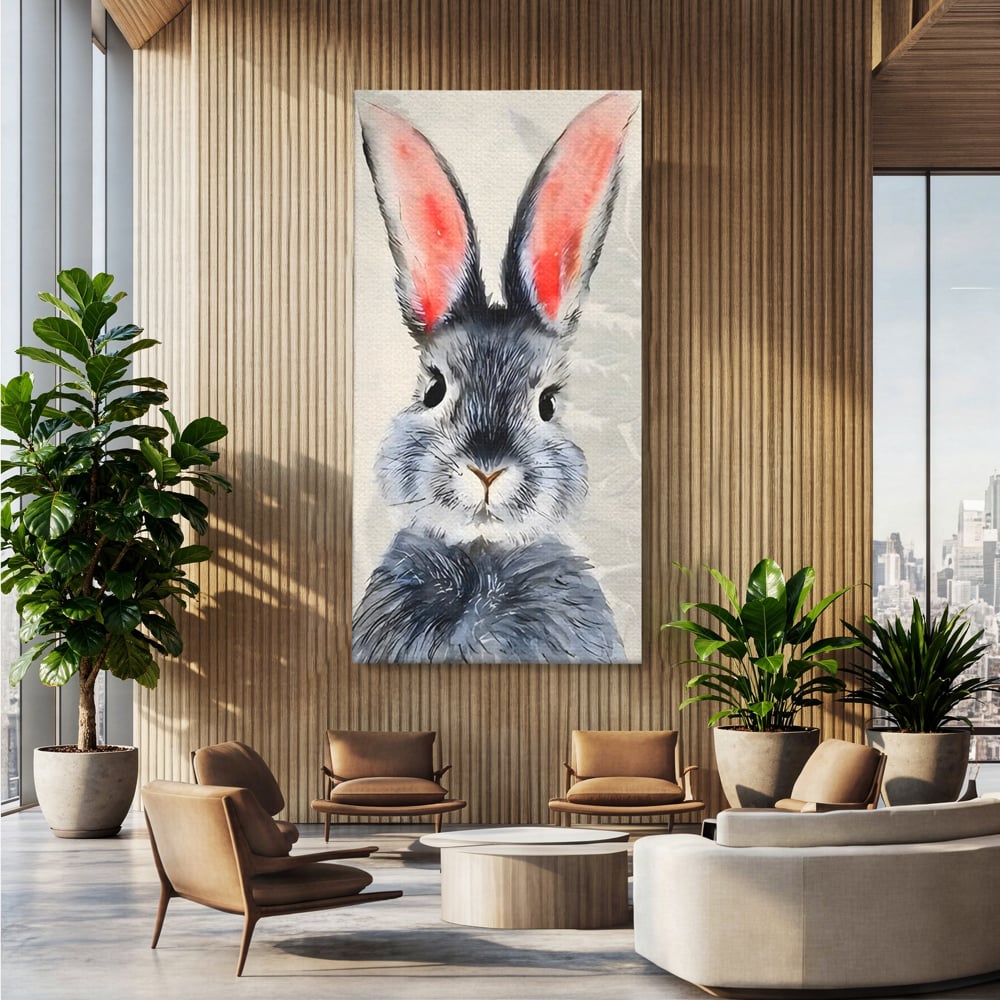 Tablou canvas cu tablou canvas cu iepure gri, fara rama, pe sasiu de lemn, pe perete intr-un birou
